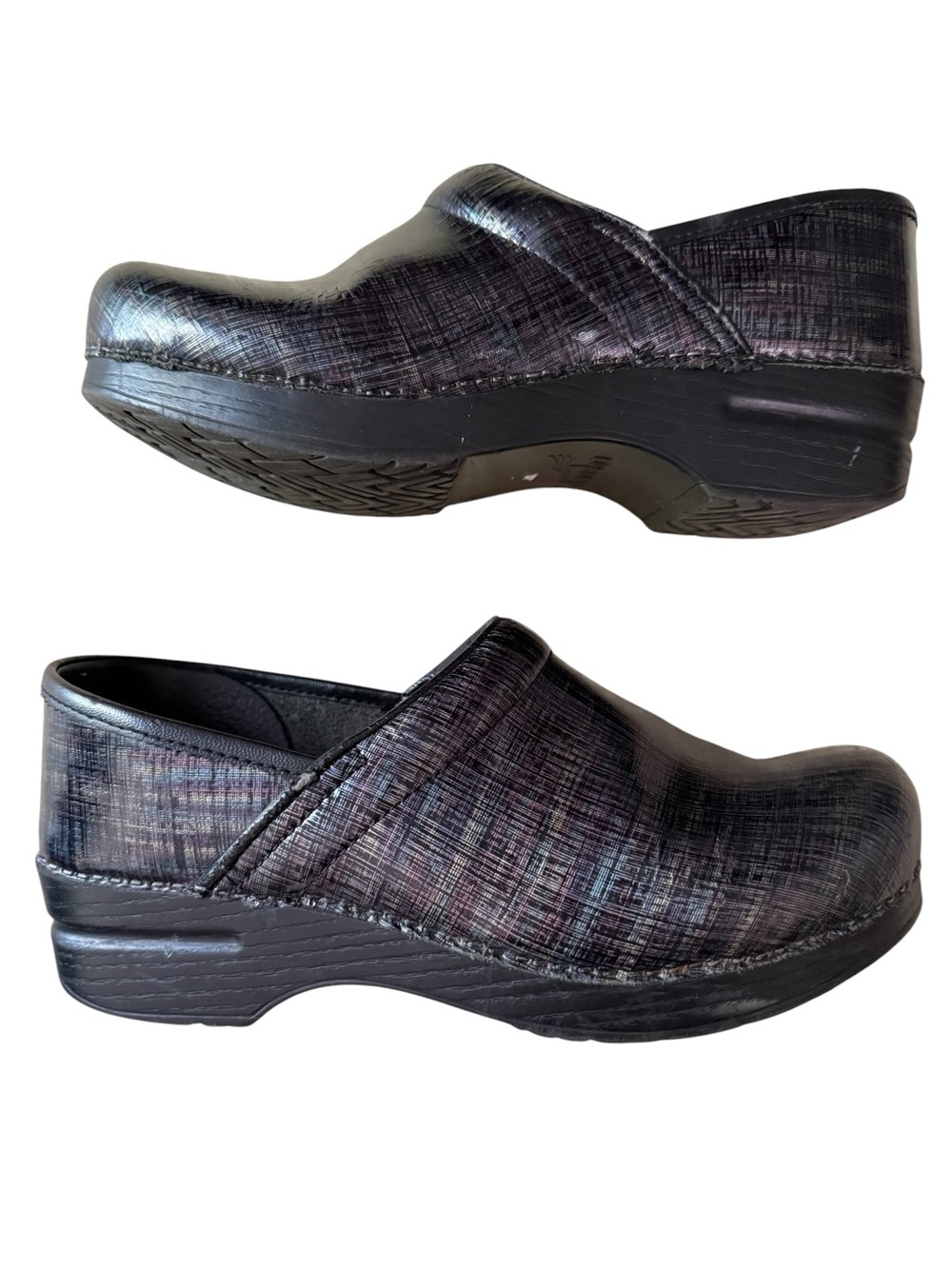 Dansko  Metallic Slip-On Clogs in Iridescent Black/Gray size 39